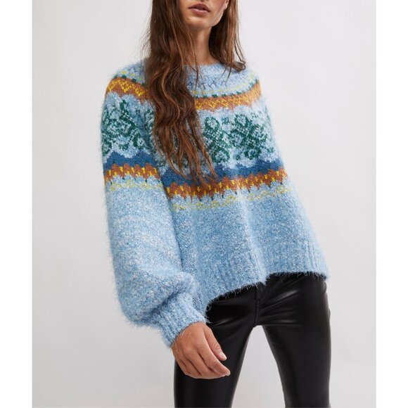 Free People Blue Multicolor Crew Neck Sweater - Picture 1 of 9